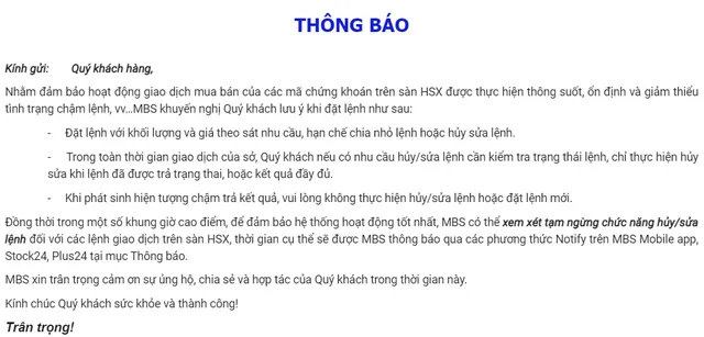 Nhiều CTCK đưa ra thông báo sẽ chặn Hủy/Sửa lệnh trên sàn HoSE để giảm thiểu tình trạng nghẽn lệnh - Ảnh 1. Nhiều CTCK đưa ra thông báo sẽ chặn Hủy/Sửa lệnh trên sàn HoSE để giảm thiểu tình trạng nghẽn lệnh - Ảnh 1.